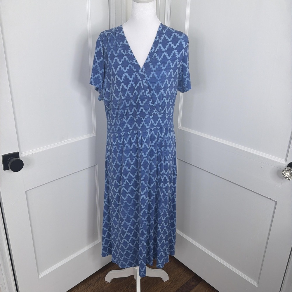 L.L. Bean Summer Knit Dress Womens Large Blue Wrap Fit & Flare Jersey Stretch